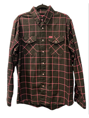 Dixxon The Hope Flannel Shirt Black Pink Windowpane Grid Plaid Snap Front Size L
